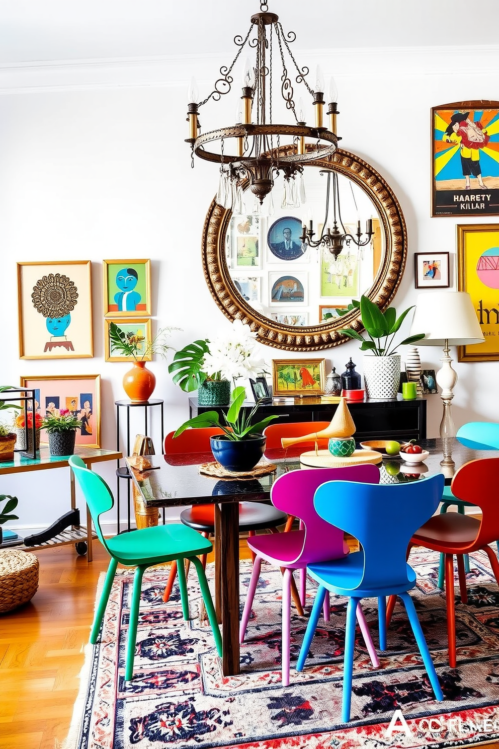 A vibrant dining room filled with eclectic decor. A large round mirror with an ornate frame hangs on the wall, reflecting the colorful artwork and unique lighting fixtures. The dining table is a mix of styles, featuring mismatched chairs in bold colors. A patterned area rug anchors the space, while plants and decorative objects add personality and warmth.