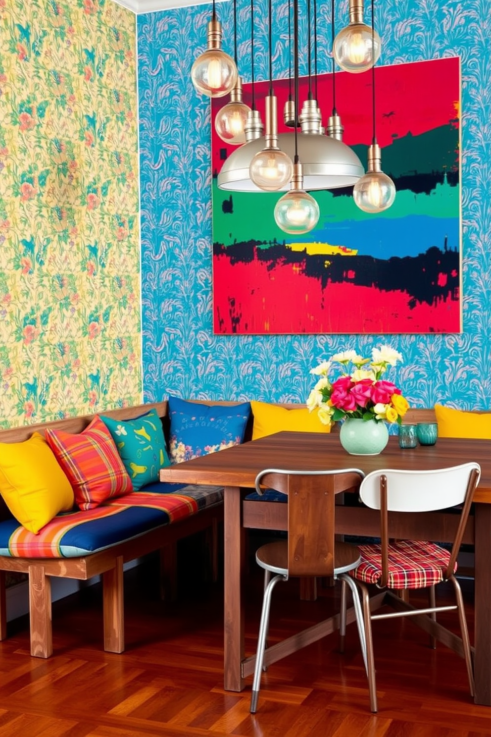 An eclectic dining bench adorned with colorful cushions sits against a vibrant wallpapered wall. The table is a mix of reclaimed wood and metal, surrounded by mismatched chairs that add character to the space. A large piece of artwork hangs above the bench, showcasing bold colors that tie the room together. A cluster of pendant lights in varying shapes and sizes illuminates the dining area, creating a warm and inviting atmosphere.