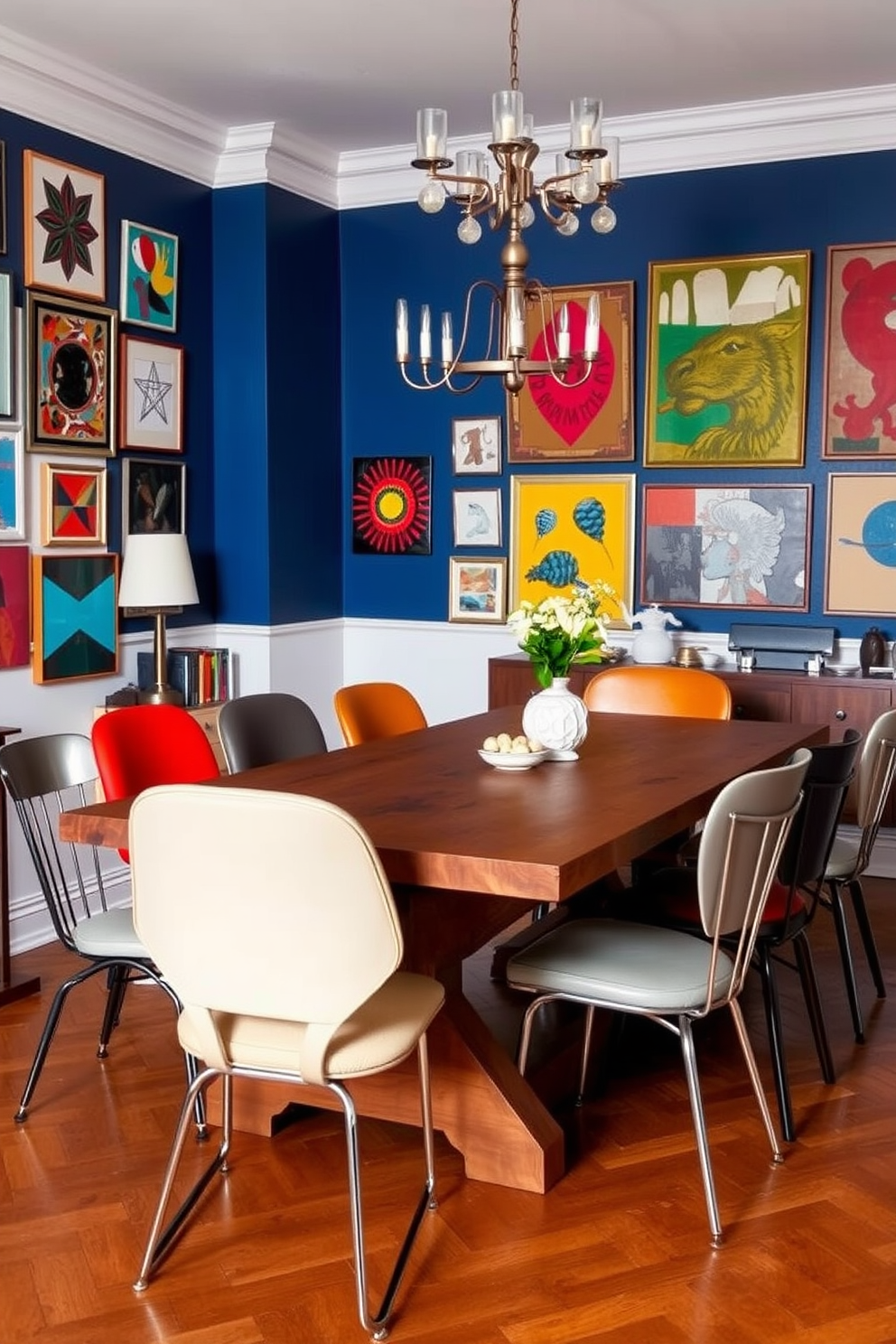 An eclectic dining room features a mix of dining chairs in various styles and colors, creating a vibrant and inviting atmosphere. The table is a rustic wooden piece that complements the diverse chair designs, ranging from modern metal to vintage upholstered options. The walls are adorned with an array of artwork, showcasing bold colors and textures that enhance the room's character. A statement chandelier hangs above the table, adding a touch of elegance to the playful design.