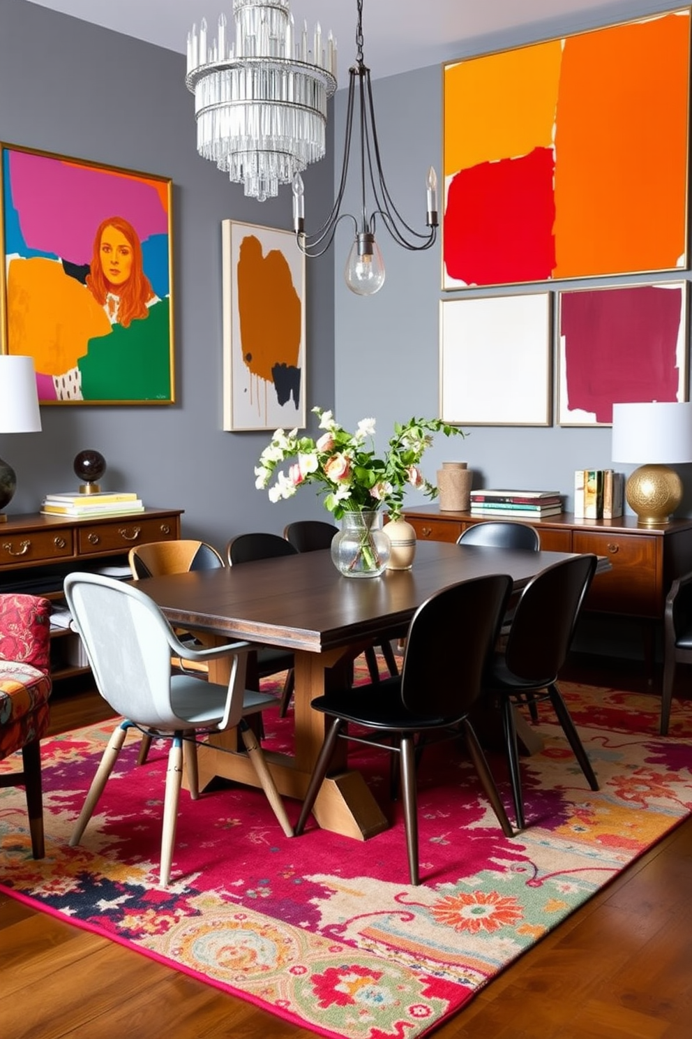 A vibrant dining room featuring a statement wall adorned with oversized abstract art pieces in bold colors. The eclectic mix of furniture includes a rustic wooden table surrounded by mismatched chairs, creating an inviting atmosphere for lively conversations. The room is illuminated by a striking chandelier that adds a touch of glamour. A colorful area rug anchors the space, complementing the diverse textures and patterns found throughout the room.