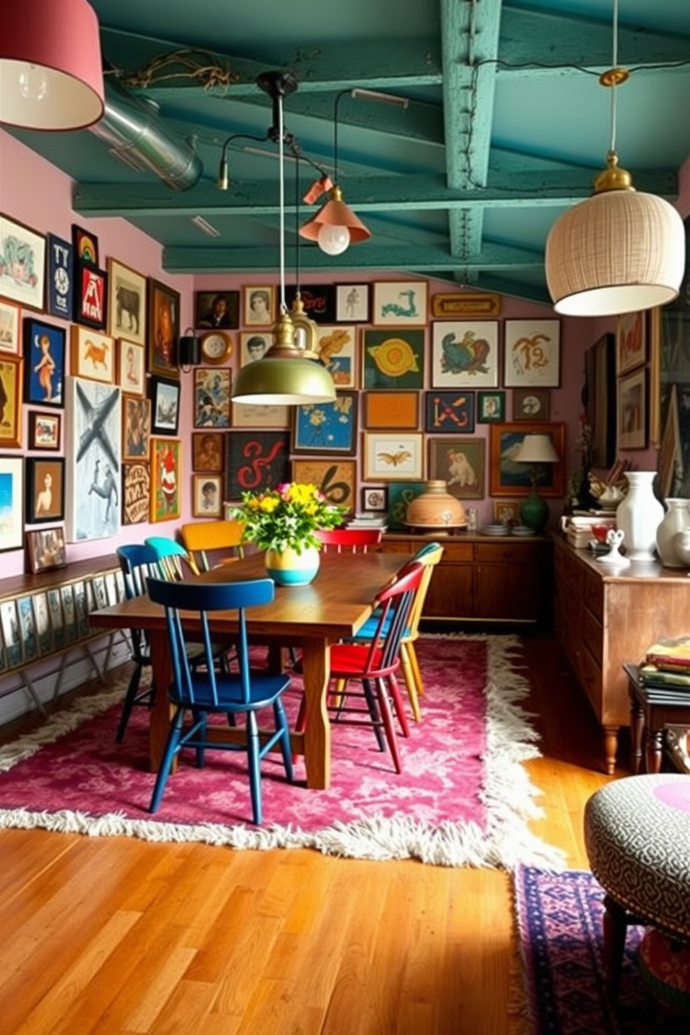 A vibrant dining room filled with eclectic decor and layered lighting that creates a warm and inviting atmosphere. A large wooden dining table is surrounded by mismatched chairs in various colors and styles, while pendant lights of different shapes hang above, casting a soft glow. The walls are adorned with an array of art pieces, showcasing a mix of modern and vintage styles. A plush area rug in rich hues anchors the space, and a sideboard displays an eclectic collection of dishes and decorative objects.