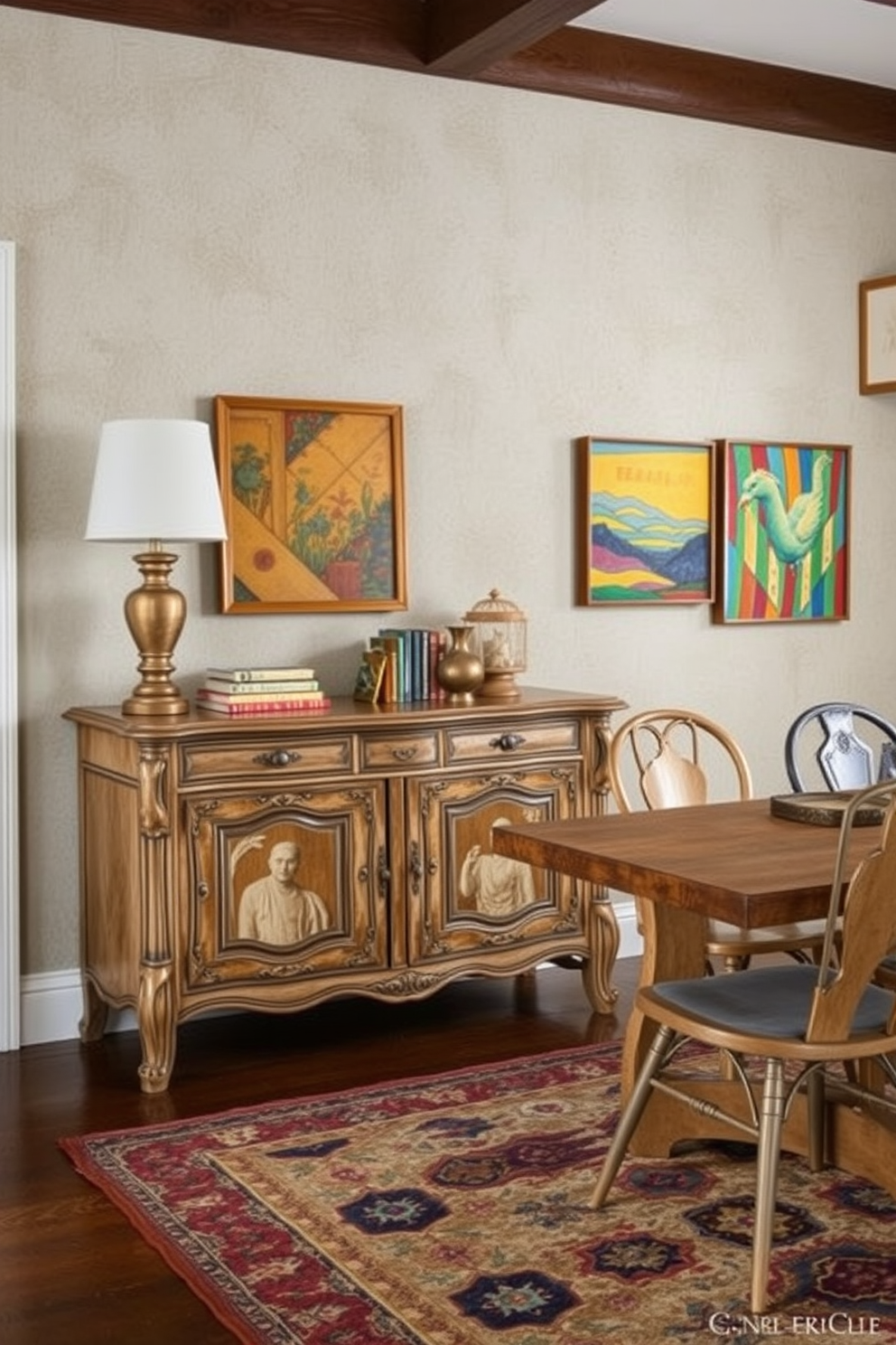 A vintage sideboard with intricate carvings and a distressed finish stands against a textured wall. It is adorned with decorative items like antique books and a stylish lamp, adding character to the space. The dining room features a mix of styles with a bold patterned rug and mismatched chairs around a rustic wooden table. Colorful artwork lines the walls, creating a vibrant and inviting atmosphere perfect for gatherings.