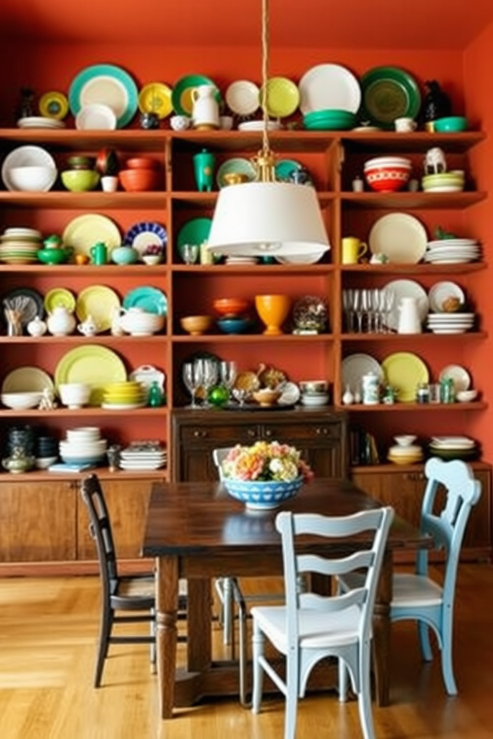 A vibrant dining room featuring open shelving adorned with curated dishware, showcasing an array of colorful plates, glasses, and decorative items. The walls are painted in a warm terracotta hue, complemented by a wooden dining table surrounded by mismatched chairs that add an eclectic touch.