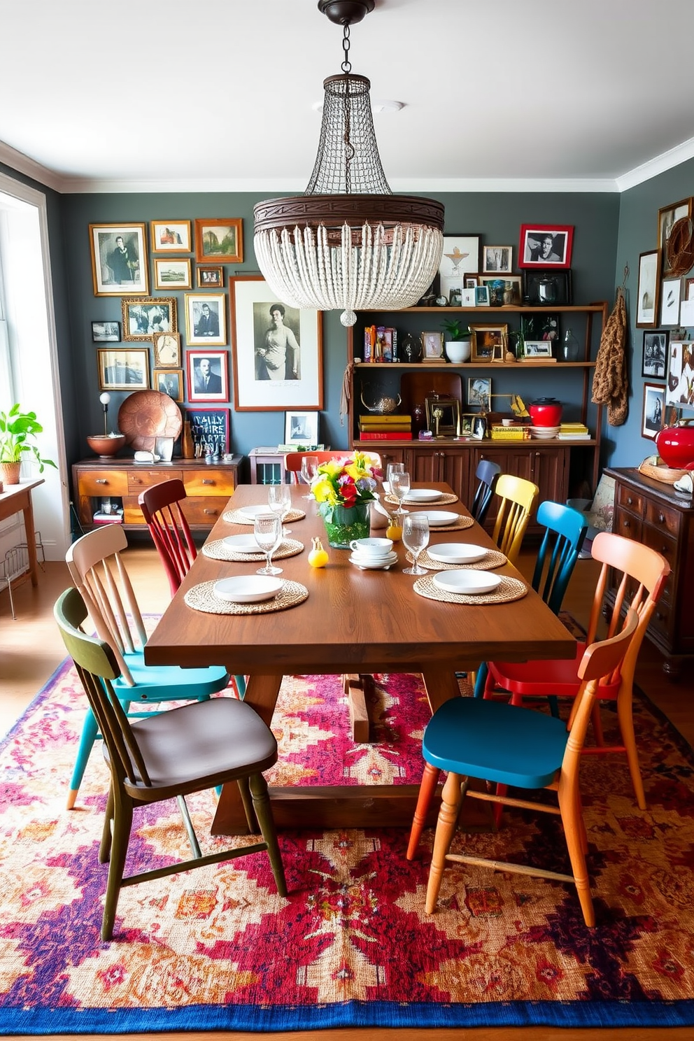 A vibrant dining room featuring a large wooden table surrounded by mismatched chairs in various colors and styles. The table is set with a mix of textured tableware, including woven placemats, ceramic dishes, and glassware, creating a casual yet inviting atmosphere. The walls are adorned with eclectic art pieces and a gallery of framed photographs. A bold area rug under the table adds warmth, while a statement chandelier hangs above, providing a focal point that enhances the room's unique character.