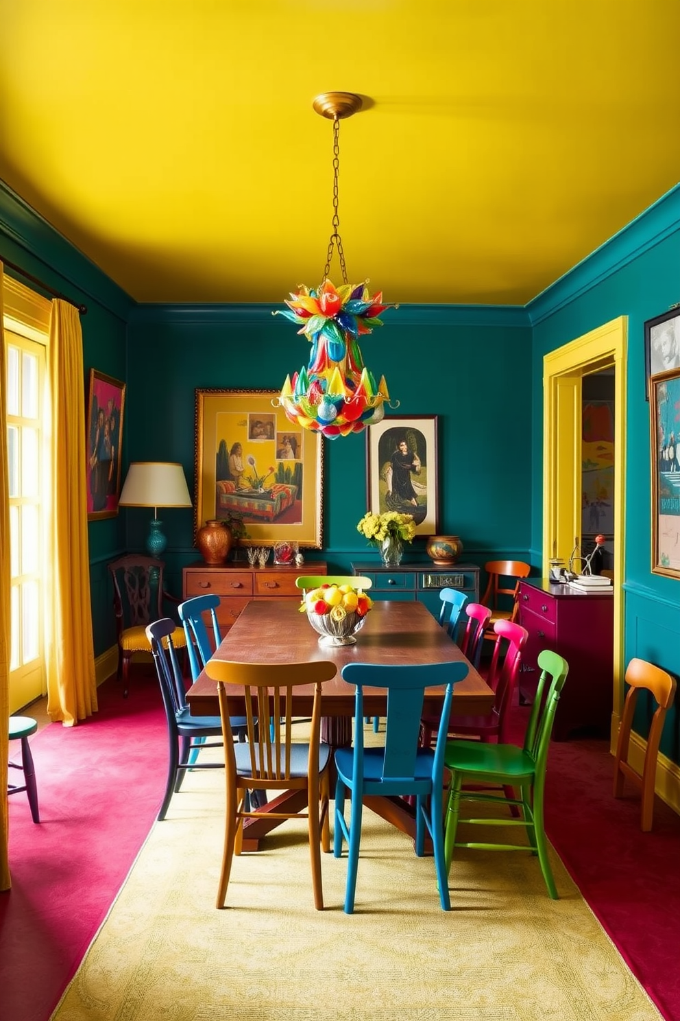 An eclectic dining room filled with vibrant colors and bold contrasts. The walls are painted in a deep teal, while the ceiling features a bright yellow hue that adds a playful touch. A large wooden dining table is surrounded by mismatched chairs in various colors, including red, blue, and green. Overhead, a striking chandelier made of multicolored glass hangs, casting a warm glow over the space.