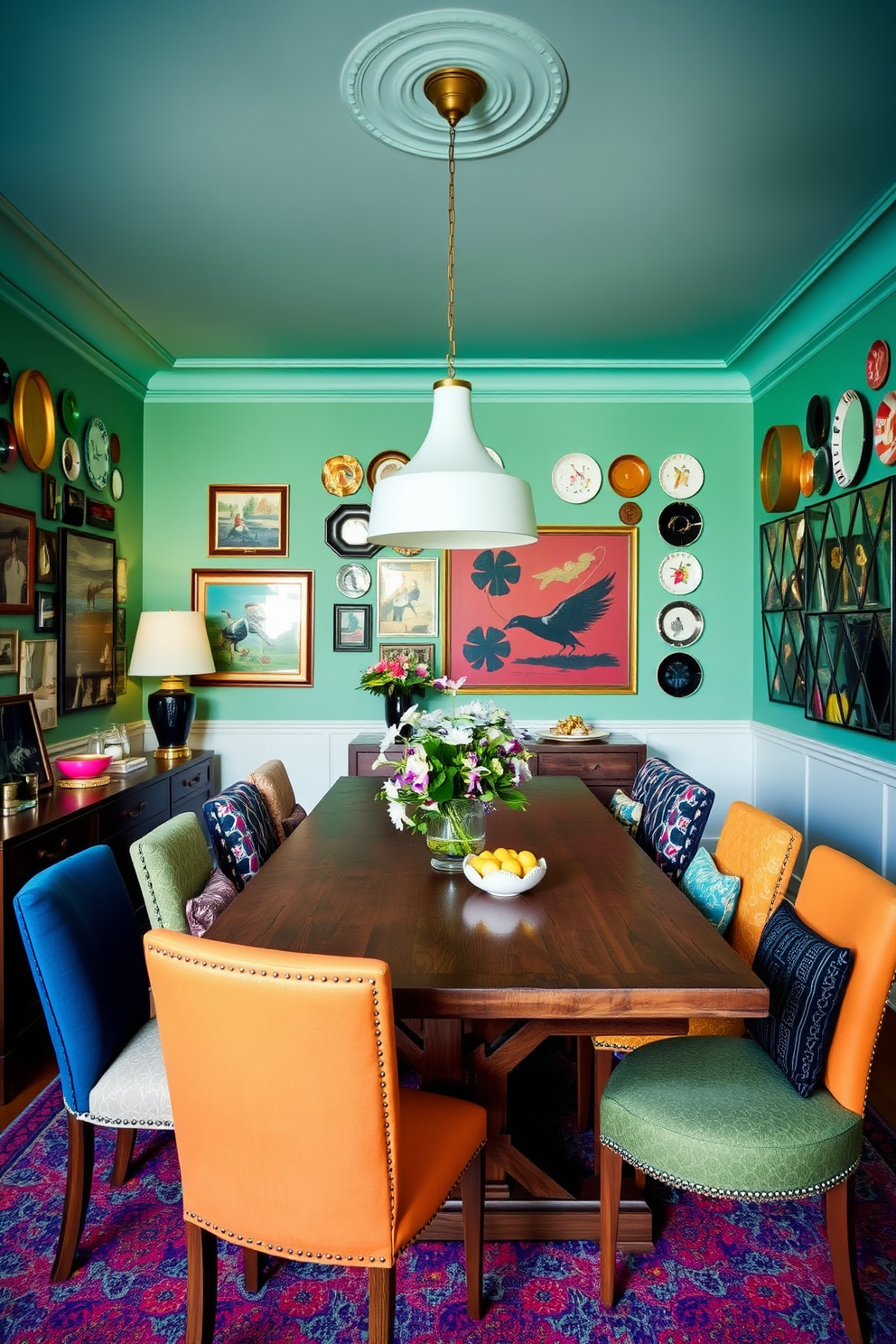 A vibrant dining room filled with personality. The space features a large wooden table surrounded by cushioned dining chairs in various bold fabrics and colors, creating a warm and inviting atmosphere. The walls are adorned with eclectic artwork and a mix of decorative plates, adding visual interest. A stylish pendant light hangs above the table, casting a soft glow over the room during evening gatherings.