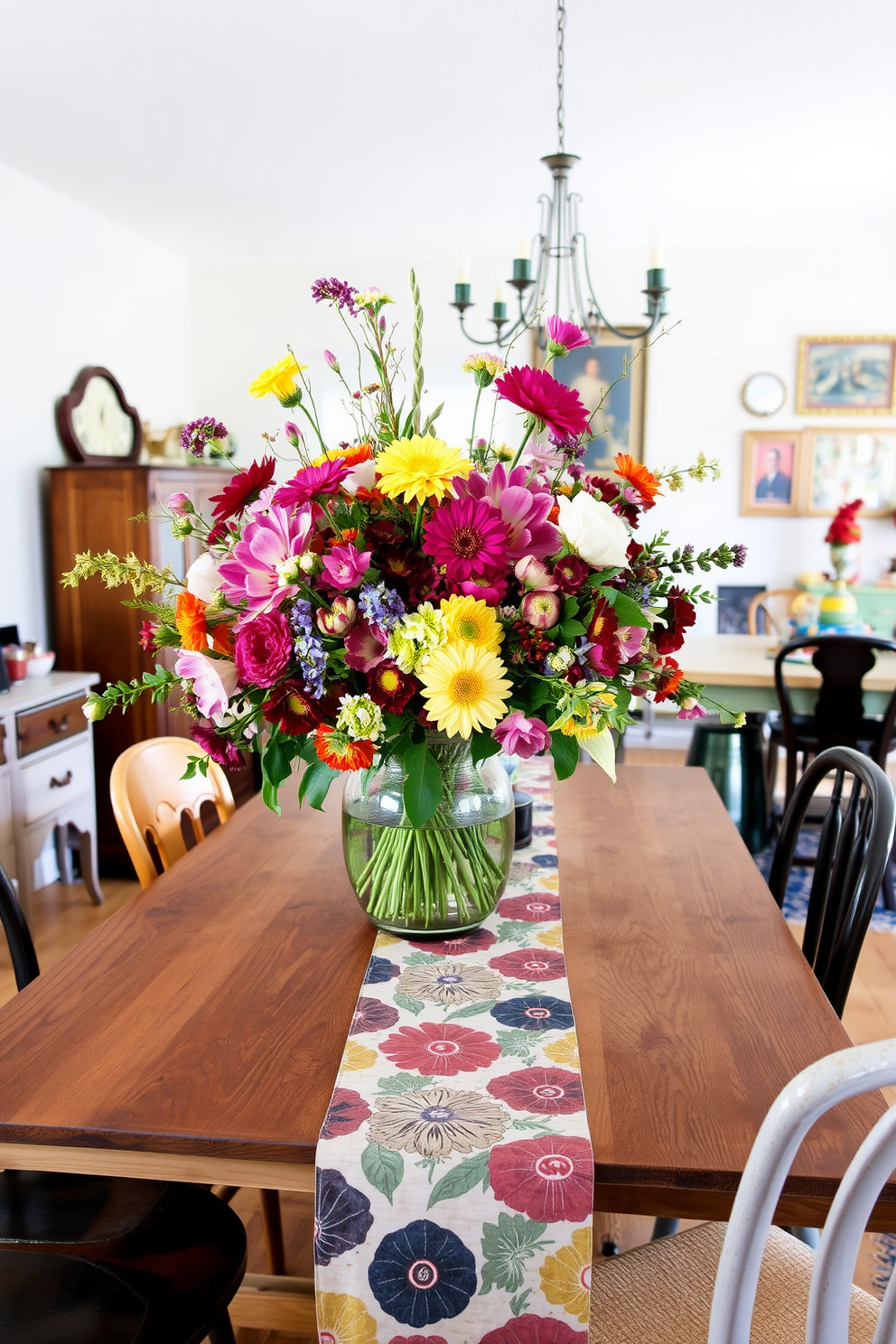 Artfully arranged florals for lively decor. A vibrant mix of seasonal blooms in various colors fills a large glass vase placed on a rustic wooden dining table. Eclectic dining room design ideas. The space features a blend of vintage and modern furniture, with mismatched chairs surrounding a bold patterned tablecloth that adds character to the room.