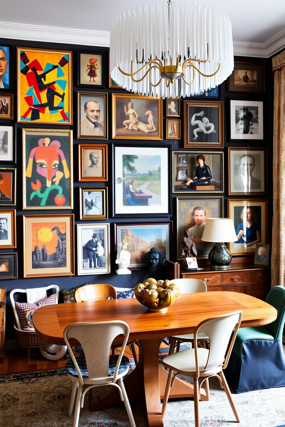 A gallery wall features an array of eclectic art pieces in various sizes and styles. The artworks include colorful abstract paintings, vintage photographs, and unique sculptures, all framed in different materials. The dining room showcases a blend of modern and vintage elements. A large wooden table is surrounded by mismatched chairs, and a statement chandelier hangs above, adding a touch of elegance to the space.