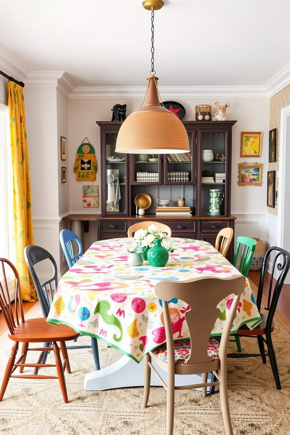 A vibrant dining room filled with eclectic charm. The table is adorned with playful patterned linens featuring bold colors and whimsical designs. Around the table, mismatched chairs in various styles create a relaxed atmosphere. A large pendant light hangs above, casting a warm glow on the lively décor.