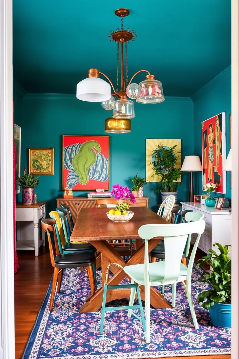 A vibrant dining room filled with character and charm. The space features unique light fixtures hanging above a rustic wooden dining table surrounded by mismatched chairs in various colors and styles. Bold artwork adorns the walls, adding personality and flair to the room. A patterned area rug anchors the space, while potted plants bring a touch of nature indoors.