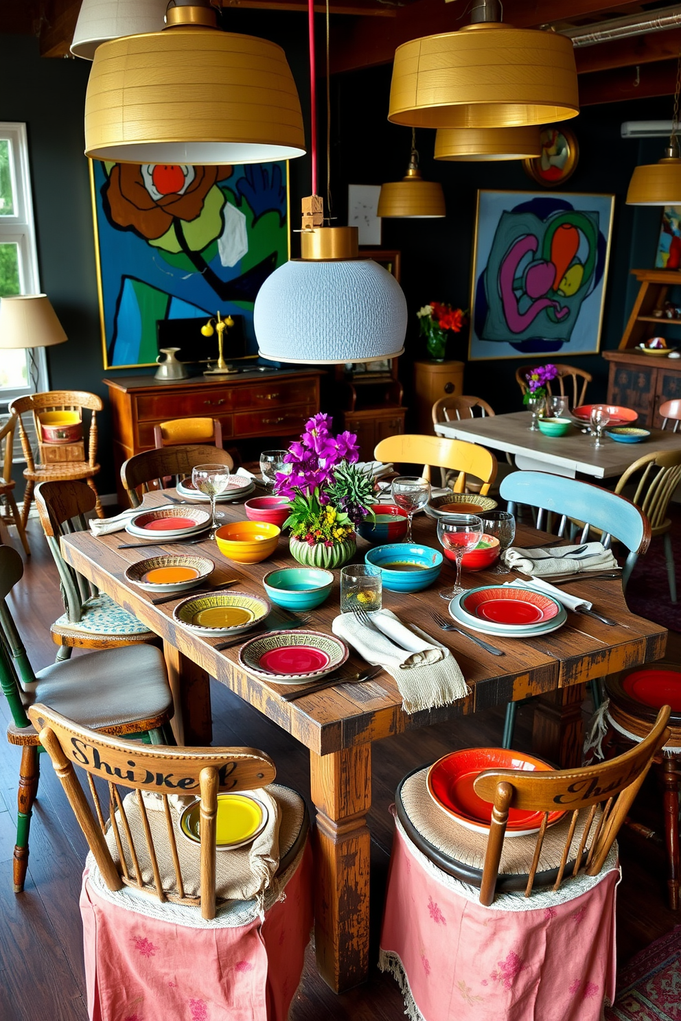 Eclectic table settings filled with vibrant dishes create a lively dining atmosphere. A mix of colorful plates, textured linens, and unique cutlery enhances the visual interest of the table. The dining room features an array of mismatched chairs surrounding a rustic wooden table. Bold artwork and layered lighting add personality and warmth to the eclectic design.