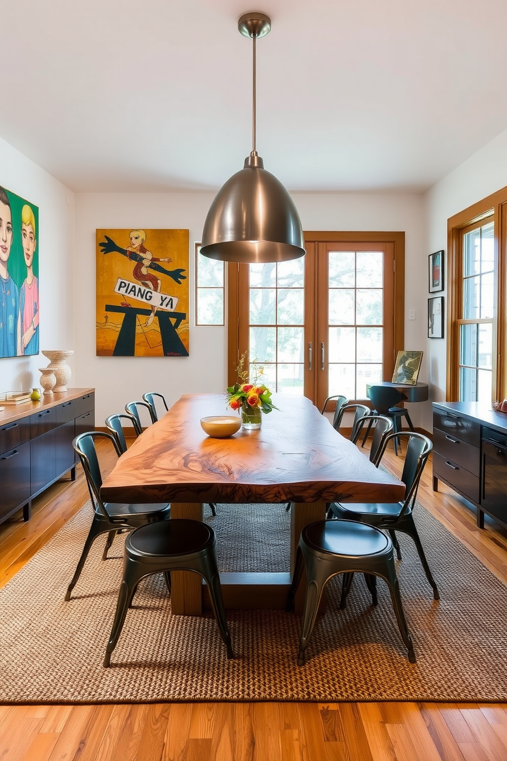 A natural wood dining table with a live edge sits at the center of the room, surrounded by a mix of metal chairs in various finishes. The walls are adorned with vibrant artwork, and a large pendant light made of brushed steel hangs above the table, creating a warm and inviting atmosphere. The floor is covered with a textured area rug that adds warmth and comfort to the space. Large windows allow natural light to flood the room, highlighting the unique blend of materials and styles that characterize this eclectic dining area.