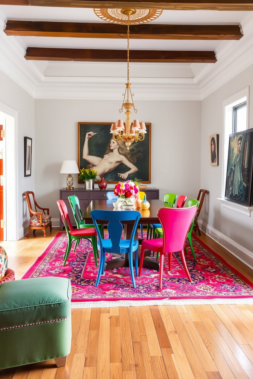 Bright rugs to define the dining area create a vibrant focal point that enhances the overall ambiance. The eclectic dining room features a mix of colorful chairs and a unique chandelier, adding character and warmth to the space.