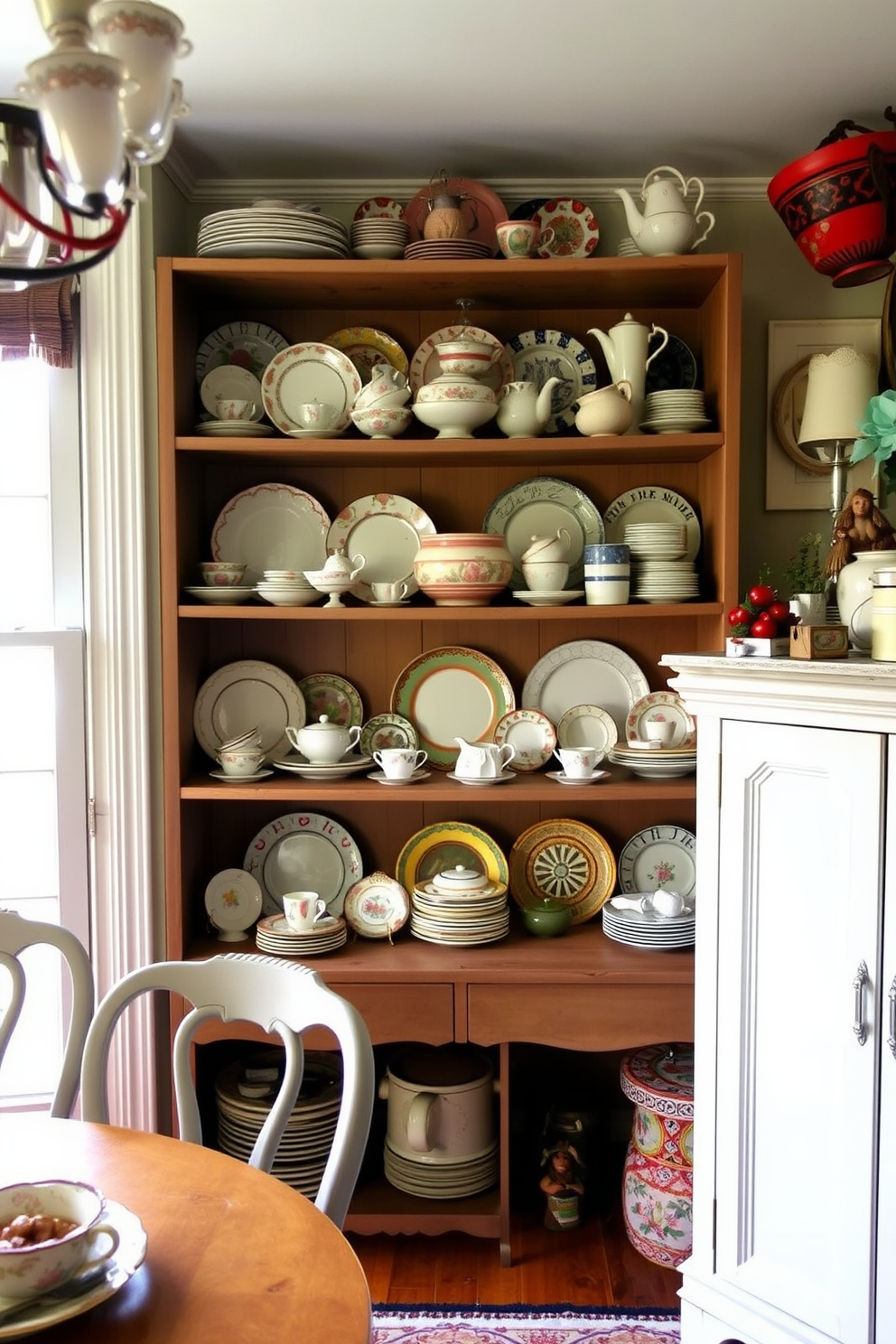 A charming eclectic dining room featuring open shelves adorned with vintage china. The shelves are filled with an array of colorful plates and delicate teacups, creating a whimsical yet sophisticated atmosphere.