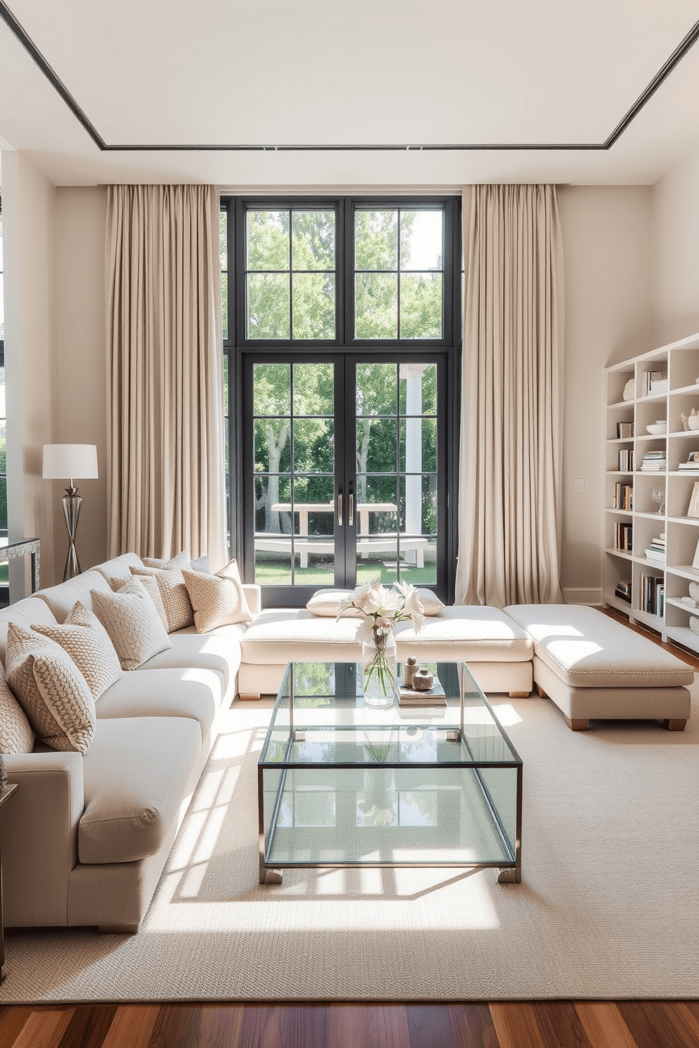 A sophisticated living room featuring a neutral color palette with soft beige and cream tones. The space includes a plush sectional sofa adorned with textured throw pillows and a sleek glass coffee table at the center. Large windows allow natural light to flood the room, highlighting the elegant drapes that frame them. A minimalist bookshelf stands against one wall, displaying carefully curated decor and books in harmonious colors.