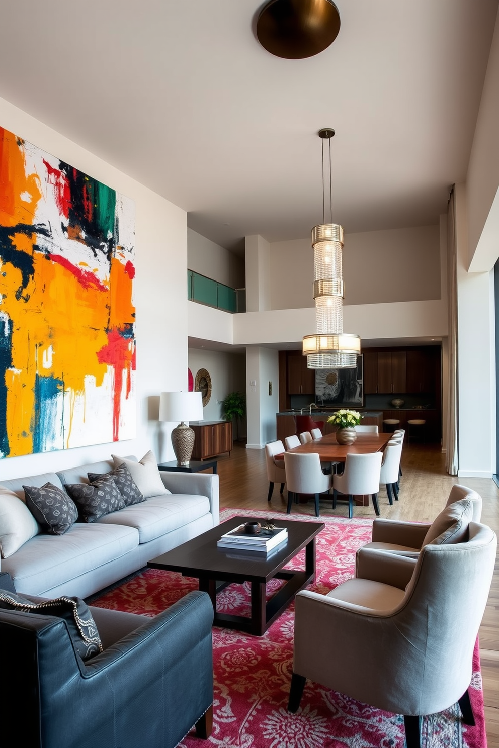 A stylish living room featuring a large abstract painting that dominates one wall, with vibrant colors that draw the eye. The furniture is arranged to create an inviting seating area, with a plush sectional sofa and a sleek coffee table that encourages conversation. An elegant dining area with a long wooden table surrounded by upholstered chairs, perfect for hosting dinner parties. The room is accented with a statement chandelier that adds a touch of sophistication and warmth to the space.