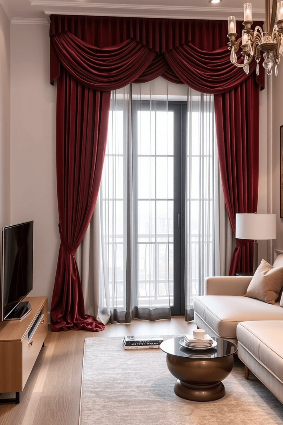 Elegant drapery for window treatments. The fabric features a rich velvet texture in a deep jewel tone, cascading gracefully to the floor. Elegant apartment design ideas. The living space is adorned with minimalist furniture, complemented by soft lighting and a neutral color palette.