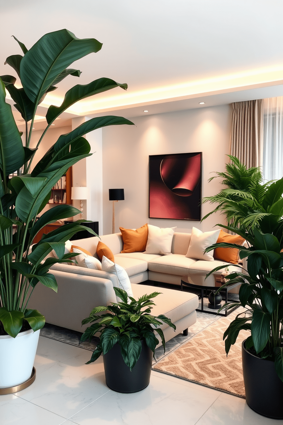 Lush indoor plants are strategically placed throughout the apartment, creating a vibrant and refreshing atmosphere. The greenery complements the modern furnishings, enhancing the overall aesthetic of the space. Elegant apartment design features a spacious living area with a contemporary sectional sofa in neutral tones. Soft, ambient lighting illuminates the room, highlighting art pieces and decorative accents that add sophistication.