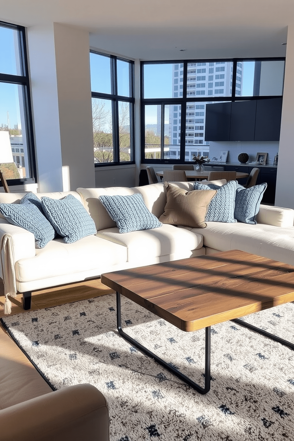 Textured throw pillows in various shades of blue and gray are scattered across a plush cream sofa, inviting relaxation and warmth. The apartment features large windows that allow natural light to pour in, highlighting the soft textures and rich colors of the decor. The living area is complemented by a sleek coffee table made of reclaimed wood, adding a rustic touch to the elegant design. A contemporary area rug anchors the space, providing contrast and enhancing the overall aesthetic of comfort and sophistication.