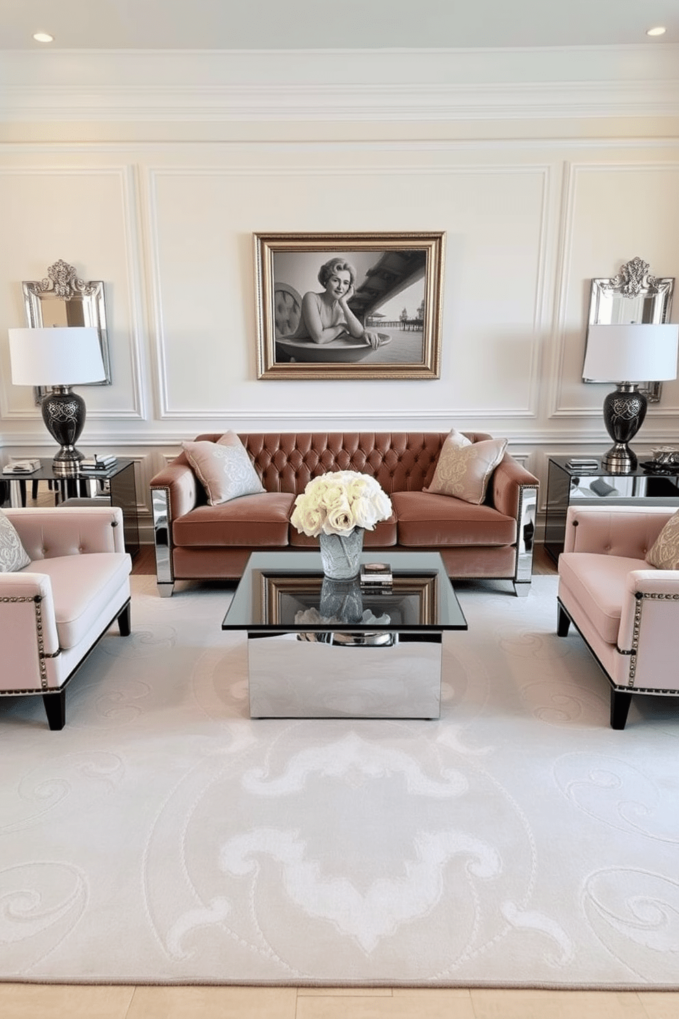 A luxurious living room featuring mirrored furniture that reflects light and creates an airy atmosphere. The space includes a plush velvet sofa, a glass coffee table with a mirrored base, and accent chairs upholstered in soft pastel tones. The walls are painted in a light cream color, providing a warm backdrop for the decor. Elegant artwork hangs above the sofa, and a large area rug with subtle geometric patterns anchors the seating arrangement.