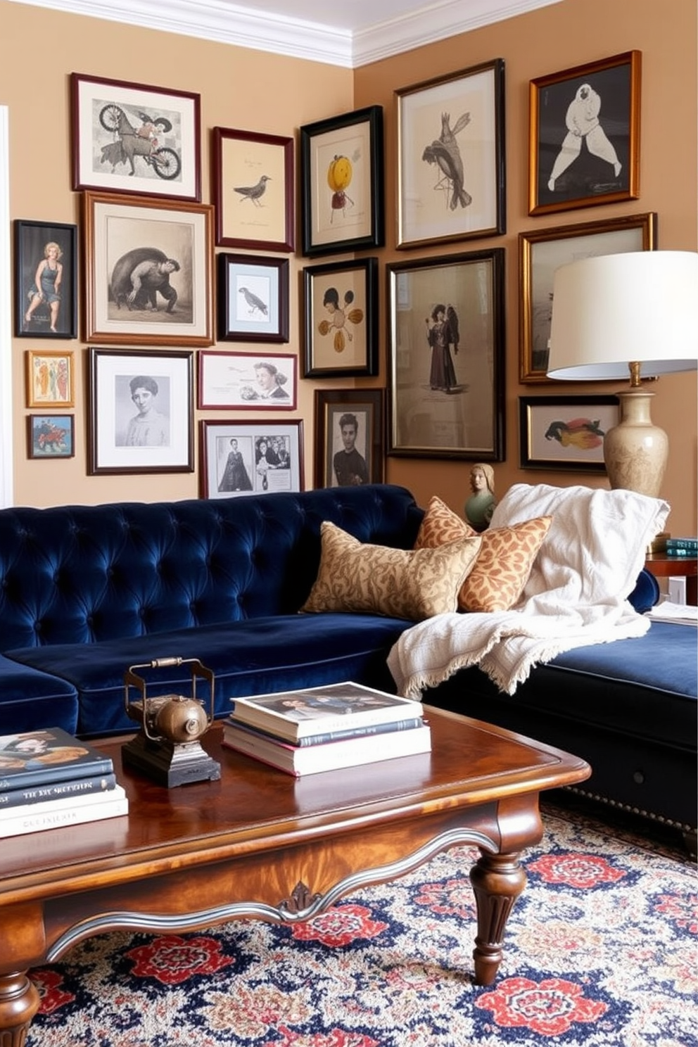 A stylish living room featuring vintage finds that add unique character. A plush velvet sofa in deep blue is paired with an antique wooden coffee table adorned with a collection of curated books and a vintage lamp. The walls are painted in a warm beige tone, creating a cozy atmosphere. A gallery wall showcases an eclectic mix of framed art, including vintage prints and modern pieces.