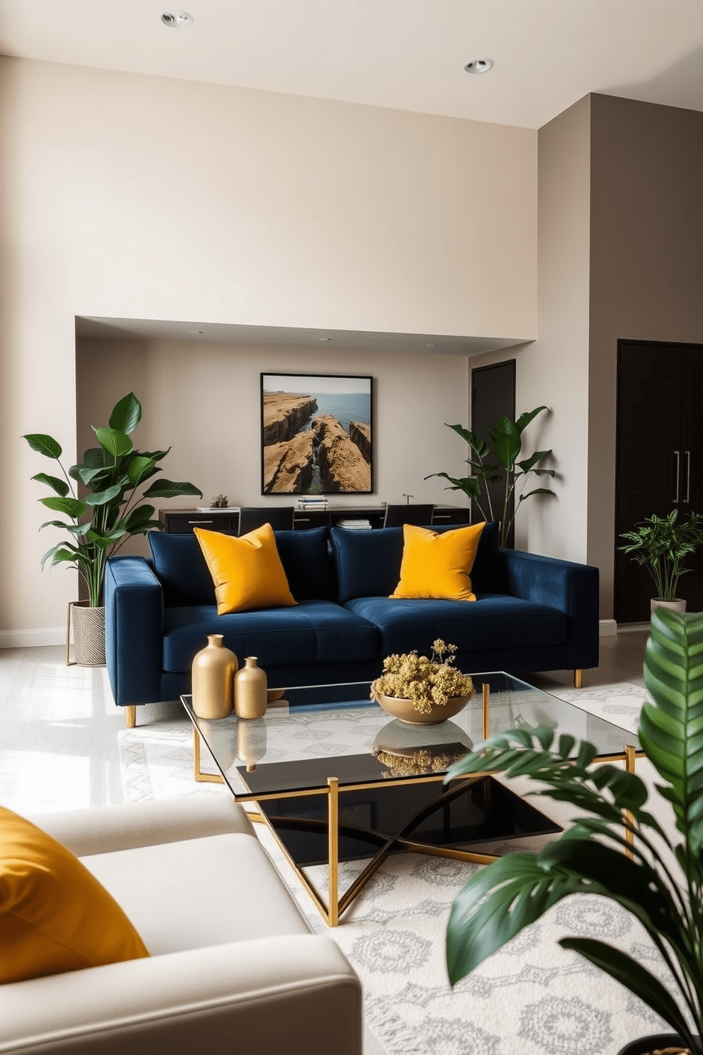 Cohesive color schemes for harmony. Imagine a living room where soft beige walls complement a deep navy sofa, accented by mustard yellow throw pillows. Elegant apartment design ideas. Visualize an open-concept space featuring sleek furniture with gold accents, a glass coffee table, and lush green plants that bring life to the room.