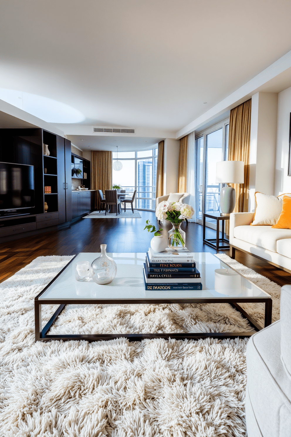 An elegant coffee table sits in the center of a stylish living room adorned with a plush area rug. The table is topped with decorative books stacked neatly, accompanied by a small vase of fresh flowers. The apartment features an open floor plan with large windows allowing natural light to flood the space. Soft neutral tones are complemented by bold accent colors, creating a harmonious and inviting atmosphere.