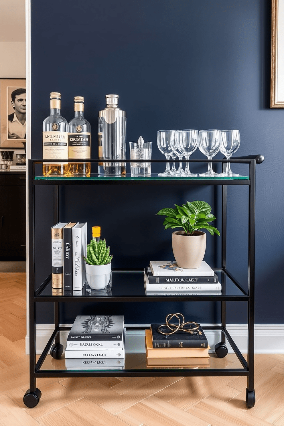 A sophisticated bar cart for entertaining. The cart features a sleek black metal frame with glass shelves, adorned with an array of premium spirits and stylish glassware. The top shelf showcases a beautiful cocktail shaker and a set of crystal tumblers, while the lower shelf is lined with decorative books and a small potted plant. The cart is positioned against a backdrop of rich navy walls, enhancing the overall elegance of the apartment design.