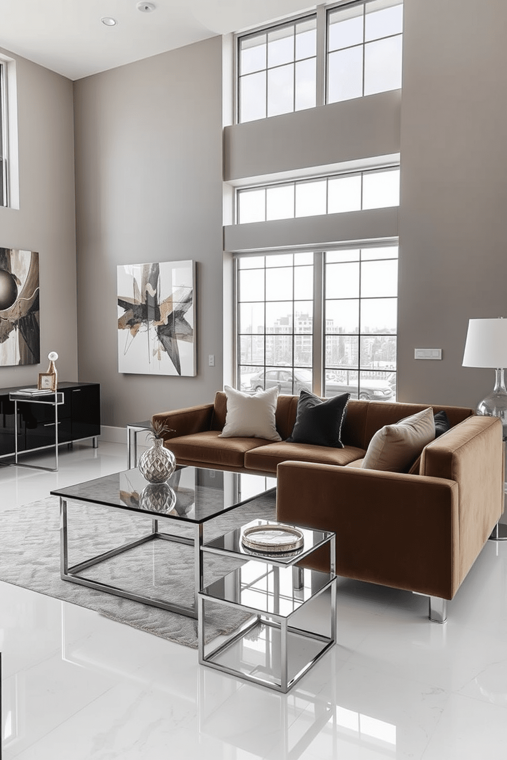 A sleek living room featuring polished metal accents throughout the space. The furniture includes a plush velvet sofa paired with a glass coffee table that has metal legs, creating a sophisticated contrast. The walls are adorned with abstract art that incorporates metallic tones, enhancing the modern aesthetic. Large windows allow natural light to flood the room, highlighting the shiny surfaces and creating an inviting atmosphere.