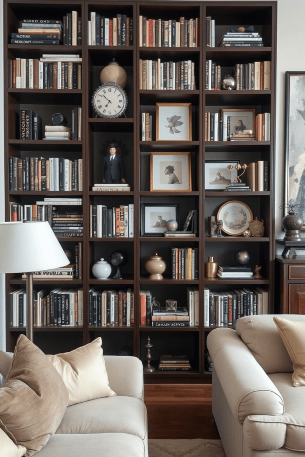 A curated bookshelf filled with a diverse array of books and decorative items. The shelves are made of dark wood and feature a mix of vertical and horizontal arrangements, showcasing personal mementos and art pieces. An elegant apartment design that combines modern aesthetics with timeless elements. Soft neutral tones dominate the color palette, while plush furnishings and tasteful artwork create a harmonious and inviting atmosphere.