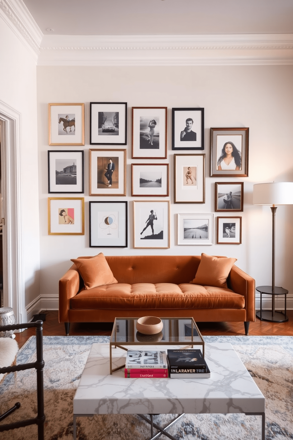 Artful gallery wall with framed prints. The wall features an eclectic mix of artwork, including abstract pieces and classic photography, all arranged in a harmonious layout. Elegant apartment design ideas. The living space showcases a blend of modern and vintage furniture, with a plush sofa and a statement coffee table that serve as focal points.