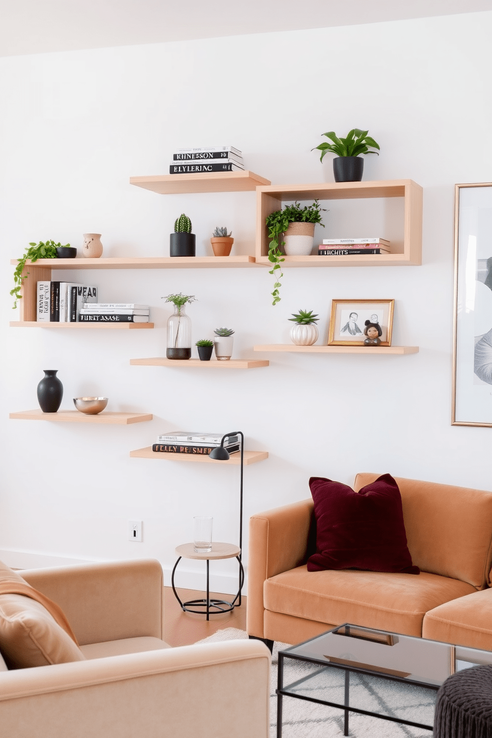 Chic open shelving for decor display. The shelves are made of light wood and are arranged asymmetrically on a white wall, showcasing a curated selection of books, plants, and decorative objects. Elegant apartment design ideas. The living space features a neutral color palette with plush furniture, including a velvet sofa and a glass coffee table, complemented by soft lighting and art pieces that add personality.