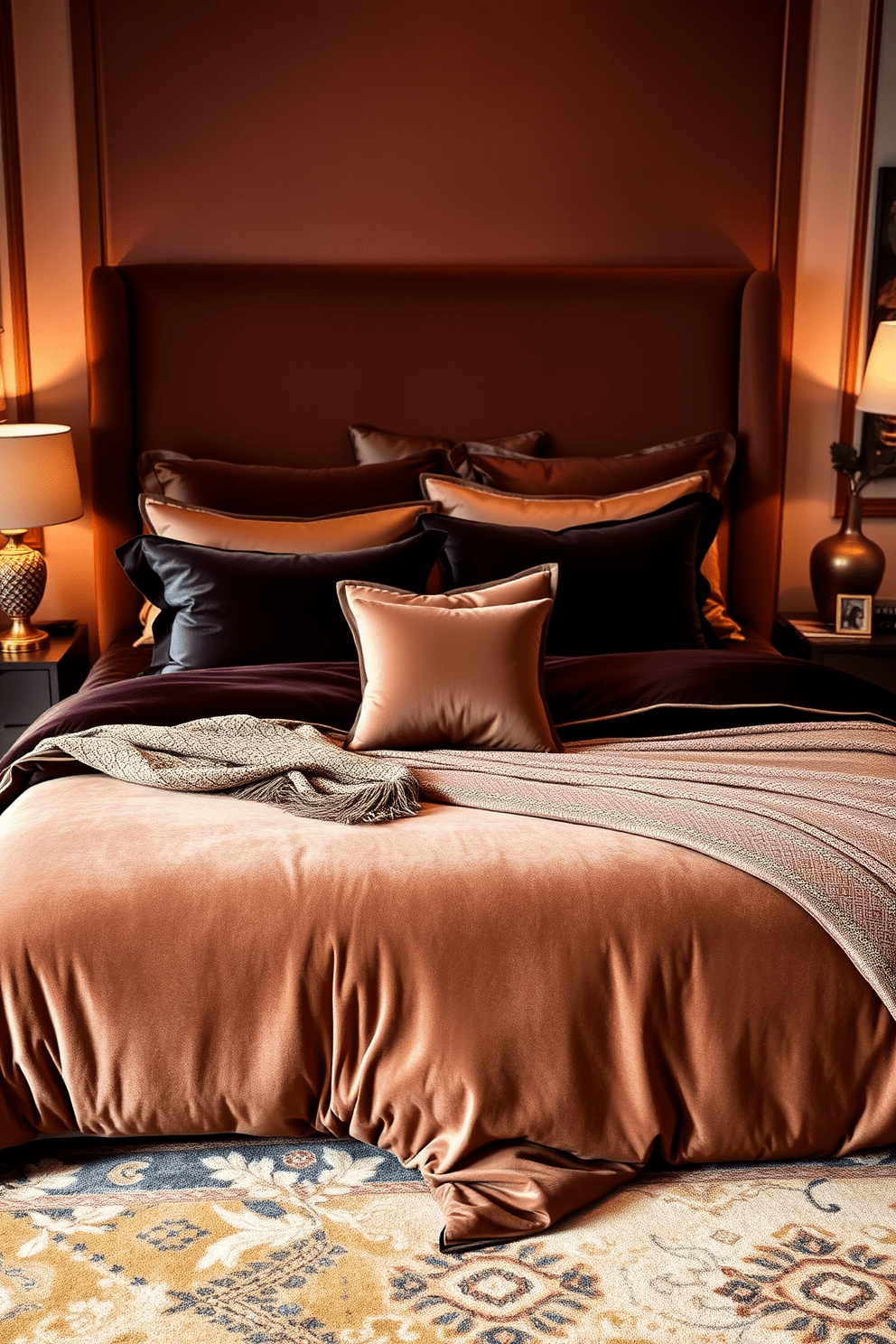 Luxurious velvet bedding in rich colors creates an inviting and opulent atmosphere. The bed is adorned with plush pillows and a decorative throw, enhancing the overall elegance of the space. Soft lighting from bedside lamps casts a warm glow, accentuating the textures of the bedding. A stylish area rug underfoot adds comfort and ties the room together with its complementary hues.