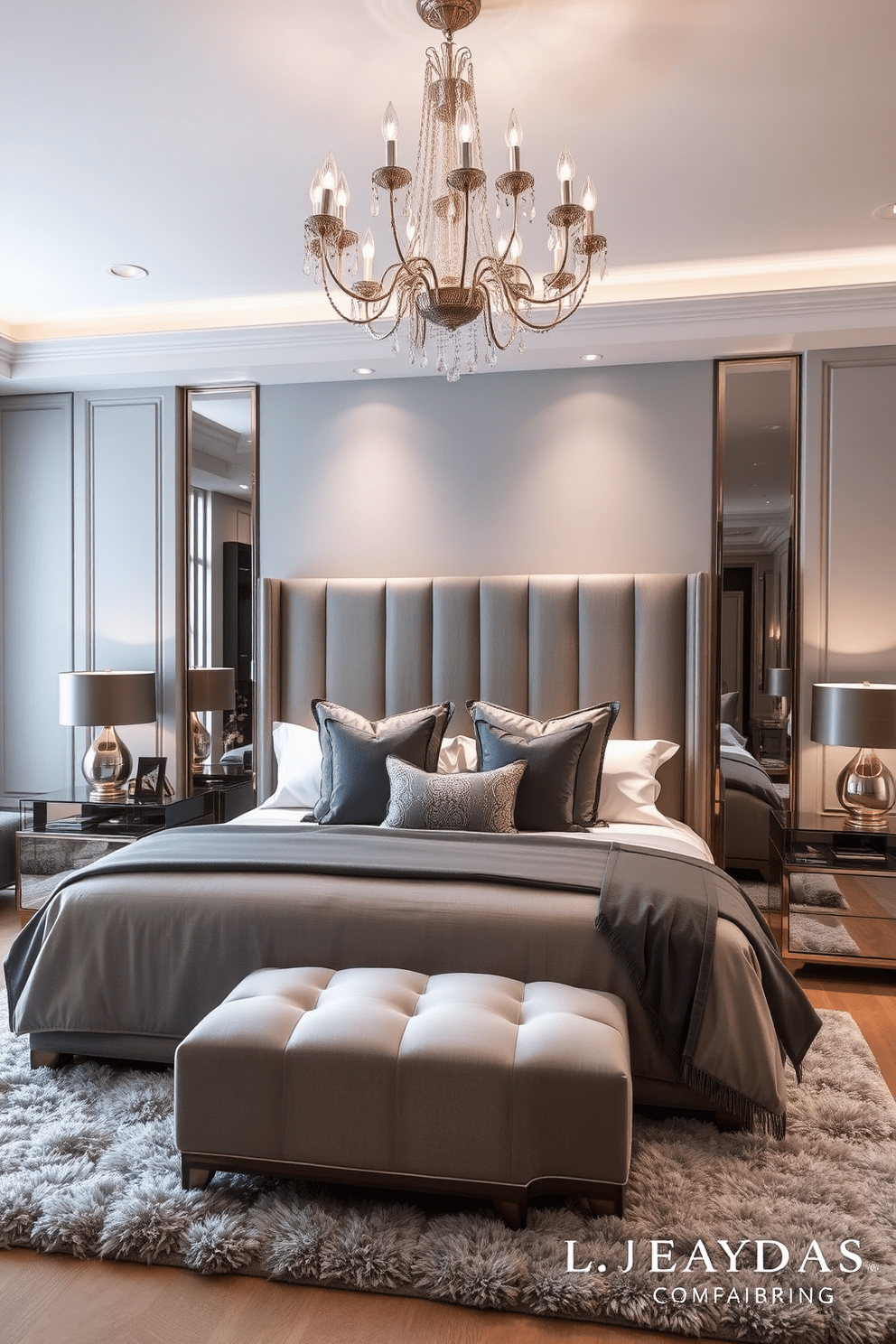 A luxurious bedroom featuring a king-size bed adorned with decorative pillows in various textures such as velvet, linen, and silk. The bed is flanked by stylish nightstands with modern lamps, and a plush area rug anchors the space. Soft, ambient lighting creates a warm atmosphere, highlighting the elegant color palette of muted grays and soft blues. A statement chandelier hangs from the ceiling, adding a touch of sophistication to the overall design.