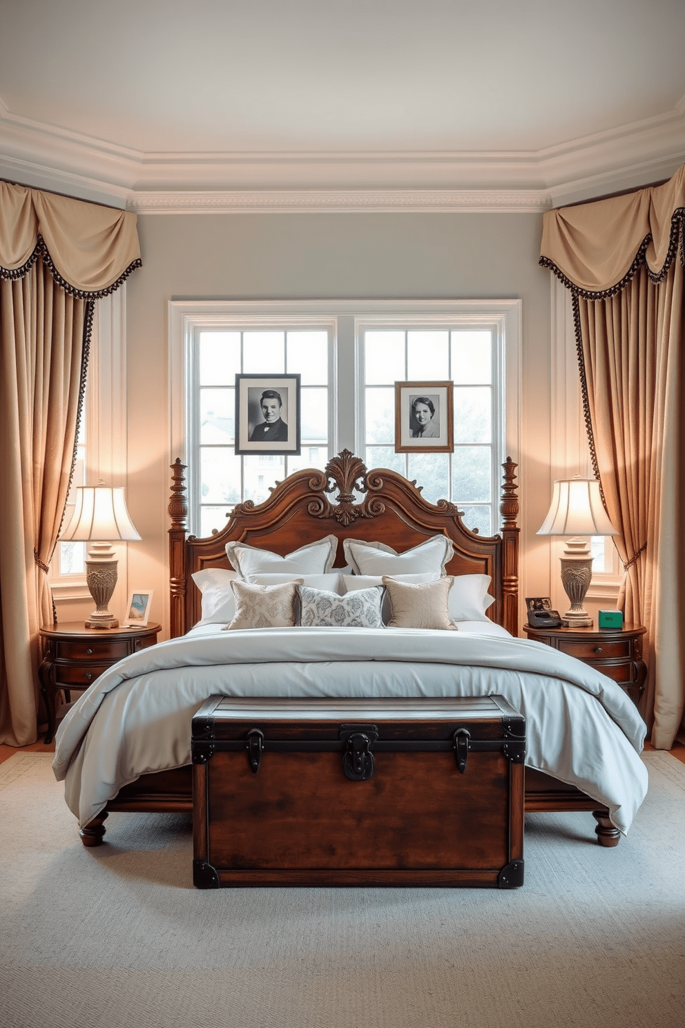 A serene bedroom featuring vintage accessories that enhance its timeless appeal. An ornate wooden bed frame is adorned with luxurious linens and plush pillows, while a vintage trunk serves as a stylish bedside table. The walls are painted in a soft pastel hue, complemented by elegant drapes that frame the large windows. Antique lamps with warm light sit on either side of the bed, illuminating framed black-and-white photographs that add character to the space.