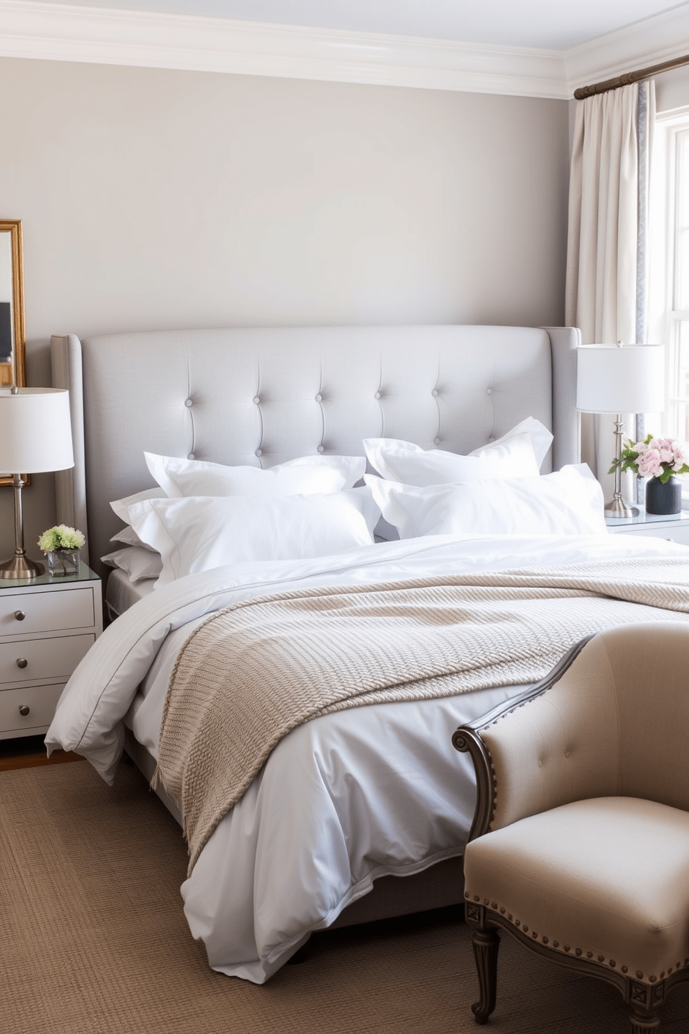 Elegant headboards as room centerpieces. A plush upholstered headboard in a soft gray fabric serves as the focal point of the room, framed by two stylish nightstands with modern lamps. The bedding features layers of crisp white linens and a textured throw blanket in a muted pastel color. A cozy reading nook with a vintage armchair and a small side table is positioned by the window, enhancing the room's charm.