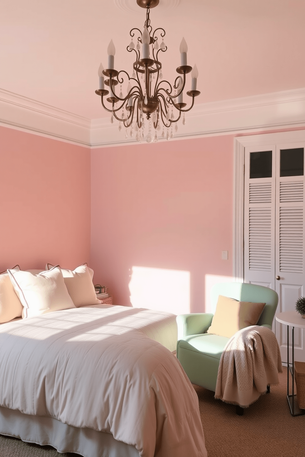 A tranquil bedroom space featuring soft pastel hues throughout. The walls are painted in a gentle blush pink, complemented by a plush cream-colored bedspread and matching pillows. A delicate chandelier hangs from the ceiling, casting a warm glow over the room. A cozy reading nook is created by a small armchair in a light mint green, paired with a soft throw blanket.