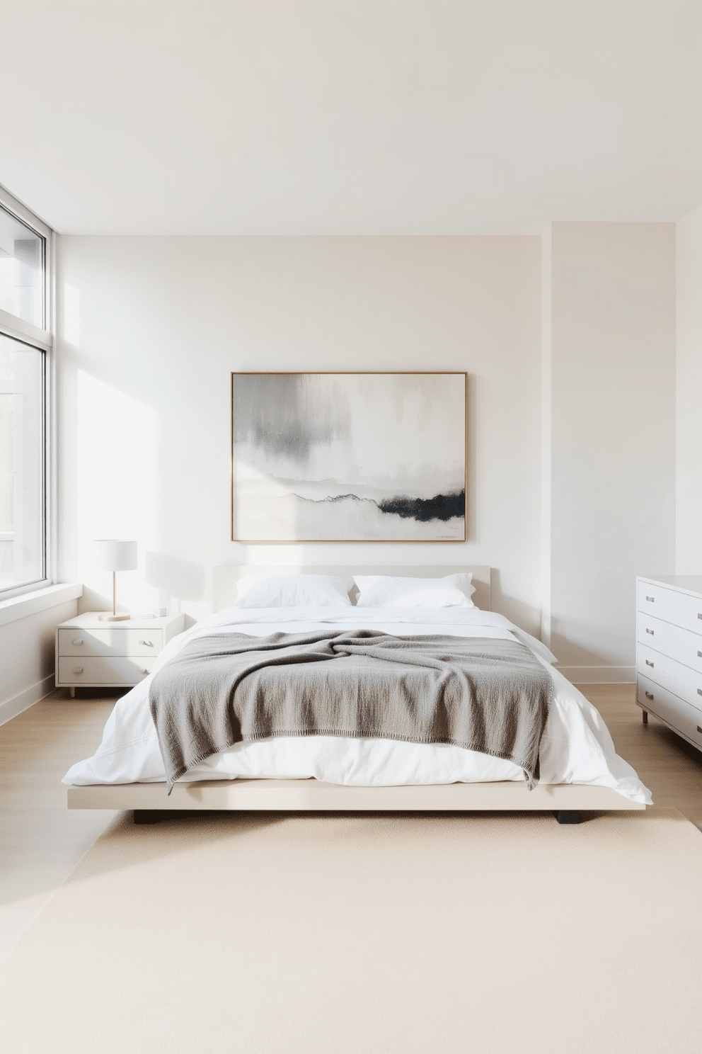 A serene bedroom featuring a low-profile platform bed with crisp white linens and a soft gray throw blanket. The walls are painted in a calming neutral tone, and a large window allows natural light to fill the space. A sleek nightstand with a simple lamp sits on either side of the bed, while a minimalist dresser stands against one wall. A large piece of abstract art hangs above the bed, adding a touch of sophistication to the overall design.