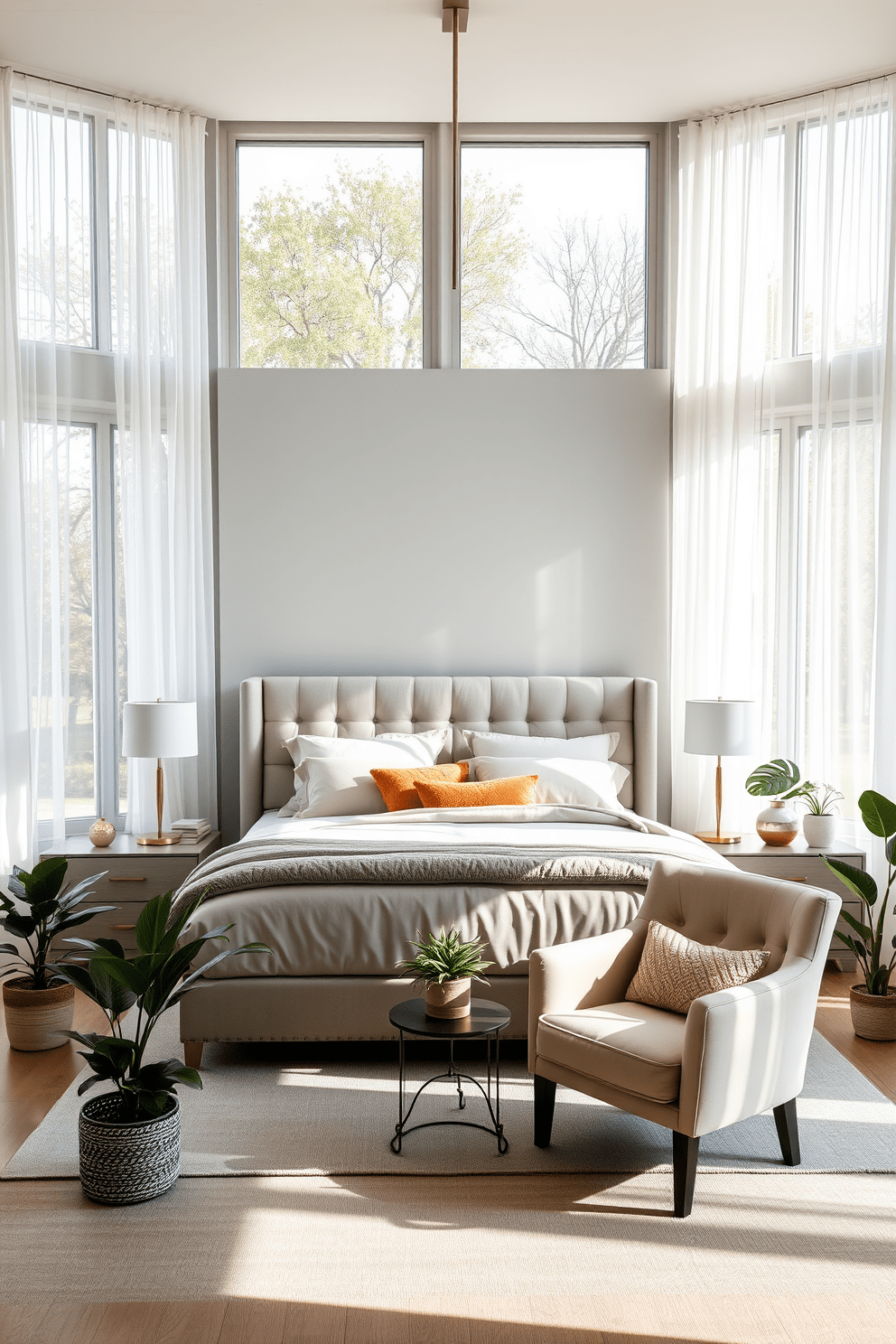 A serene bedroom filled with natural light. There are large windows adorned with sheer white curtains, allowing sunlight to filter softly into the space. A plush king-sized bed is centered against a soft gray accent wall, featuring a tufted headboard and layered bedding in muted tones. Flanking the bed are sleek nightstands with modern lamps that provide a warm glow. In one corner, a stylish armchair invites relaxation, accompanied by a small side table. Indoor plants in decorative pots are strategically placed throughout the room, adding a fresh touch and enhancing the overall tranquility.