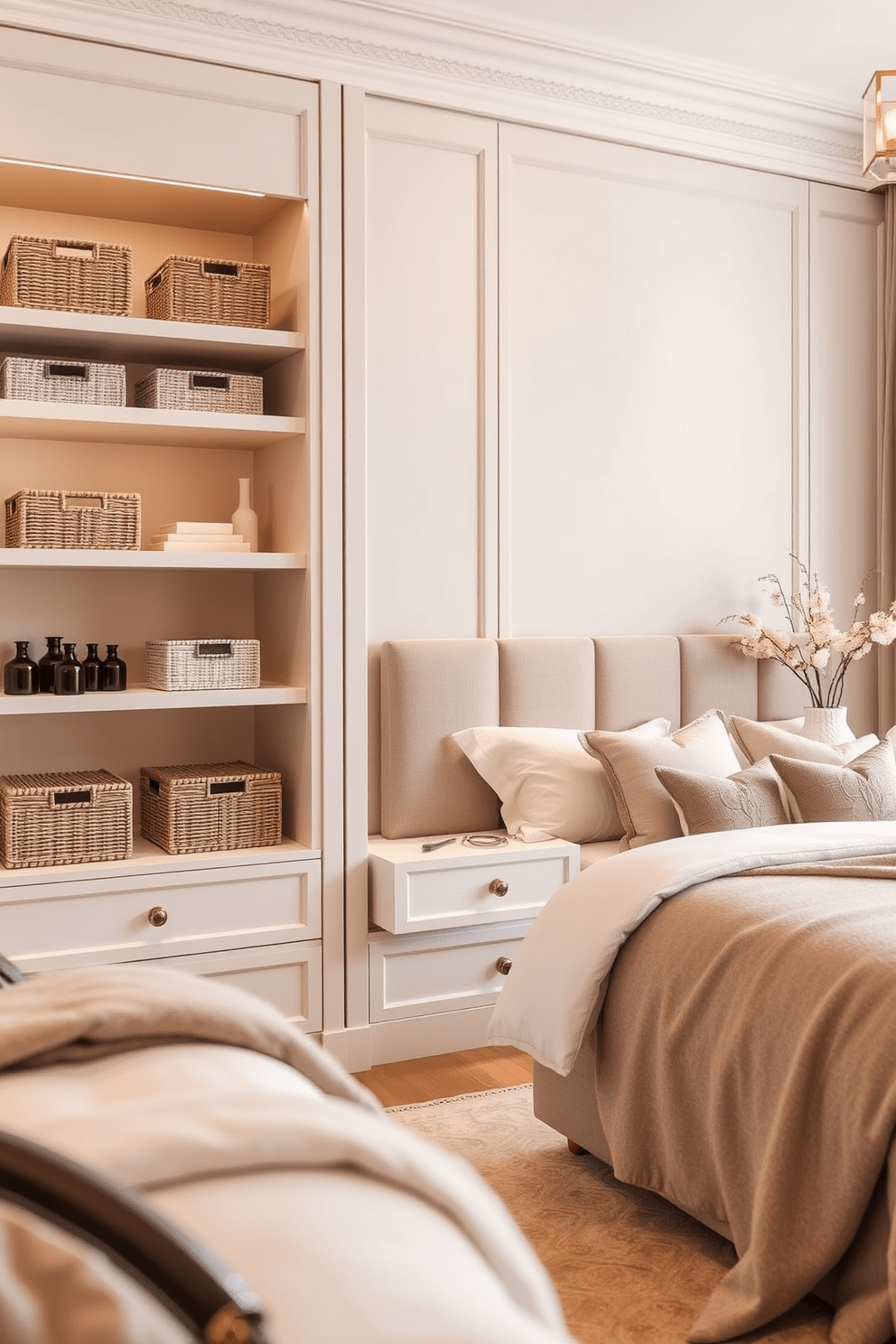 Stylish storage solutions to reduce clutter. Incorporate sleek built-in shelves and decorative baskets to maintain a tidy and organized space. Elegant bedroom design ideas. Use a neutral color palette with plush textiles and layered lighting to create a serene and inviting atmosphere.