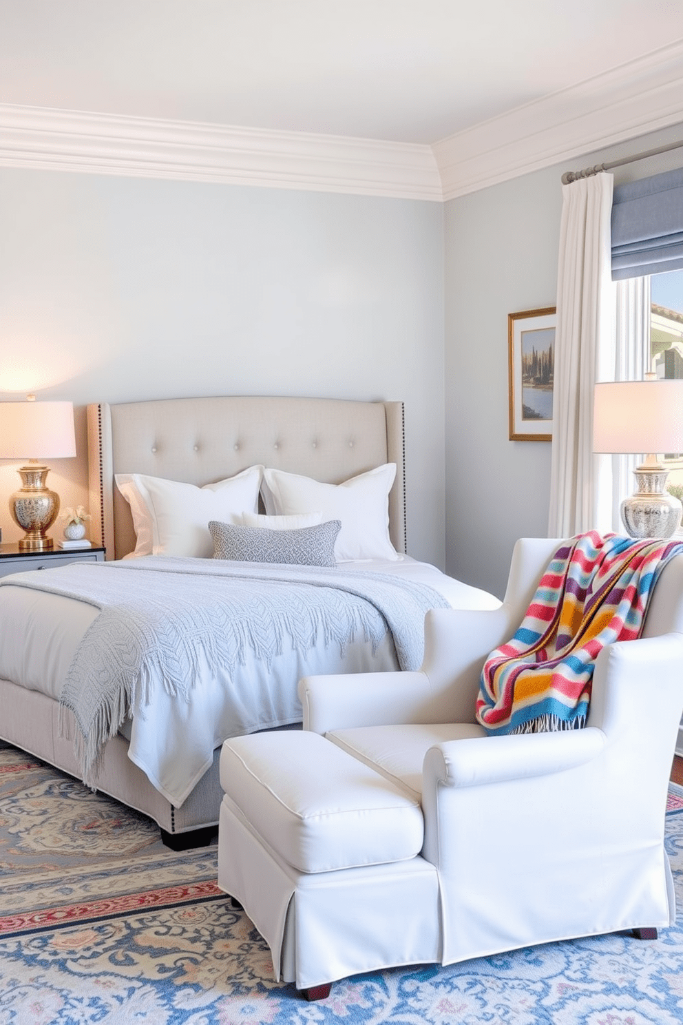 A serene bedroom retreat featuring a harmonious color palette of soft blues and whites. The bed is dressed in luxurious linens with a plush headboard and complemented by matching nightstands with stylish lamps. A cozy reading nook is created by a comfortable armchair placed near a window, adorned with a colorful throw blanket. The walls are decorated with framed artwork that reflects the overall theme, while a chic area rug adds warmth to the space.