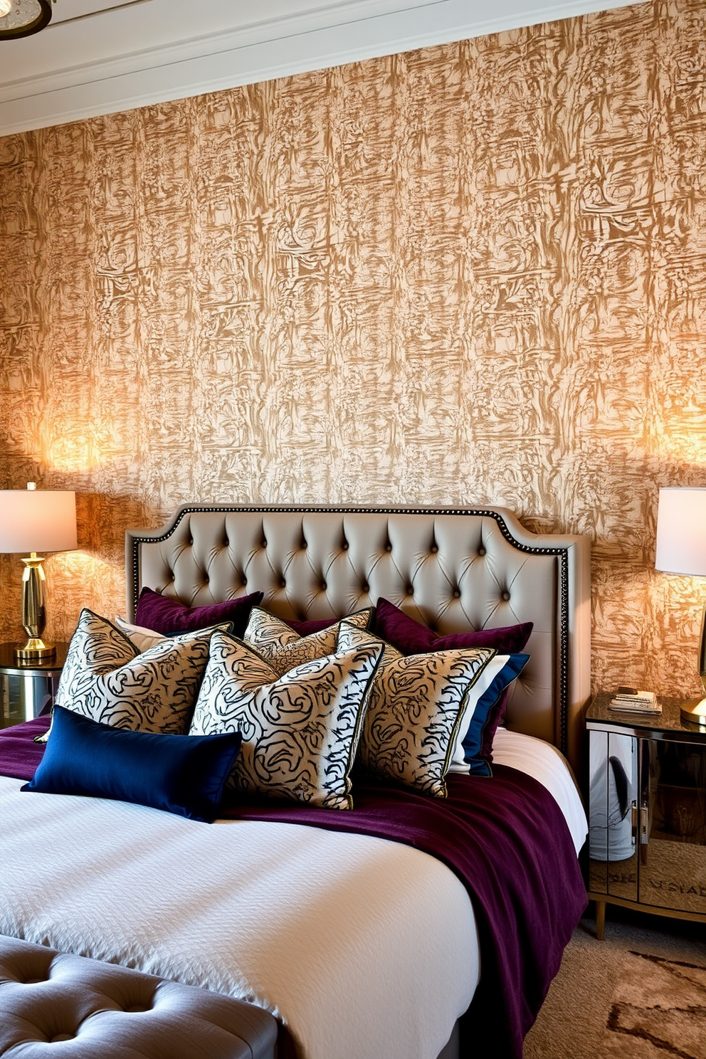 A luxurious bedroom featuring textured wallpaper that adds depth and warmth to the space. The color palette includes soft neutrals complemented by rich jewel tones in the accents. A plush king-sized bed with a tufted headboard sits against the wall, adorned with an array of decorative pillows. Beside the bed, elegant nightstands hold stylish lamps that provide a warm glow.