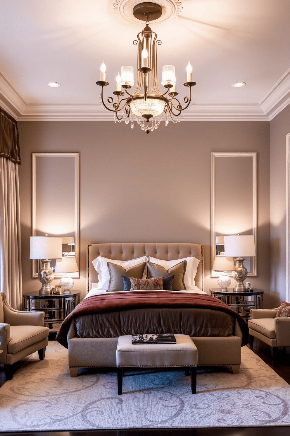 A stunning bedroom featuring unique lighting fixtures that serve as conversation starters. The room is adorned with a plush king-sized bed dressed in luxurious linens, complemented by bedside tables topped with artistic lamps. The walls are painted in a soft taupe hue, creating a warm and inviting atmosphere. A statement chandelier hangs from the ceiling, casting a gentle glow over the space, while a cozy reading nook is created with a stylish armchair and a small side table.