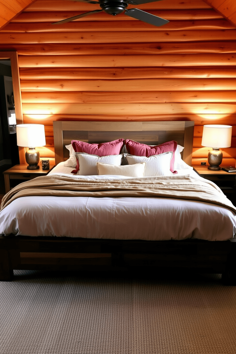 A cozy bedroom retreat featuring warm wood tones throughout the space. The bed is dressed in soft linens with earthy hues and plush pillows, inviting relaxation. A pair of bedside tables made of reclaimed wood flanks the bed, each topped with stylish lamps that emit a soft glow. A large area rug with a subtle texture anchors the room, enhancing the warmth and comfort of the atmosphere.