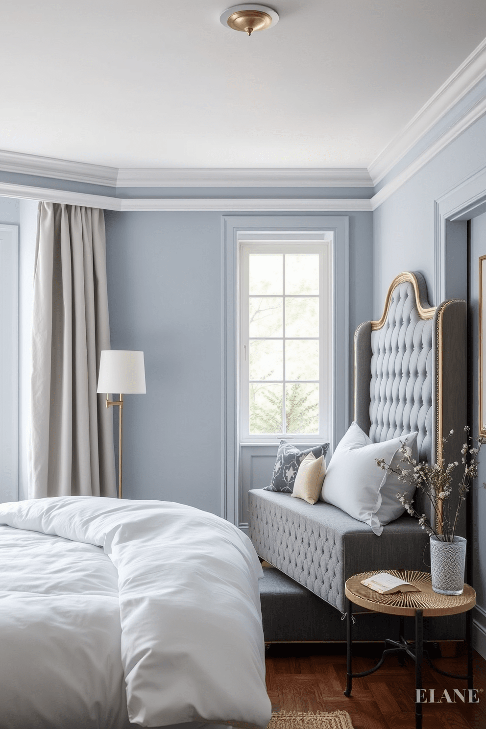 Sophisticated color palettes for calming vibes. Soft blues and muted grays create a serene atmosphere, complemented by crisp white linens and natural wood accents. Elegant bedroom design ideas. A plush upholstered headboard pairs with delicate pendant lighting, while a cozy reading nook by the window invites relaxation and tranquility.