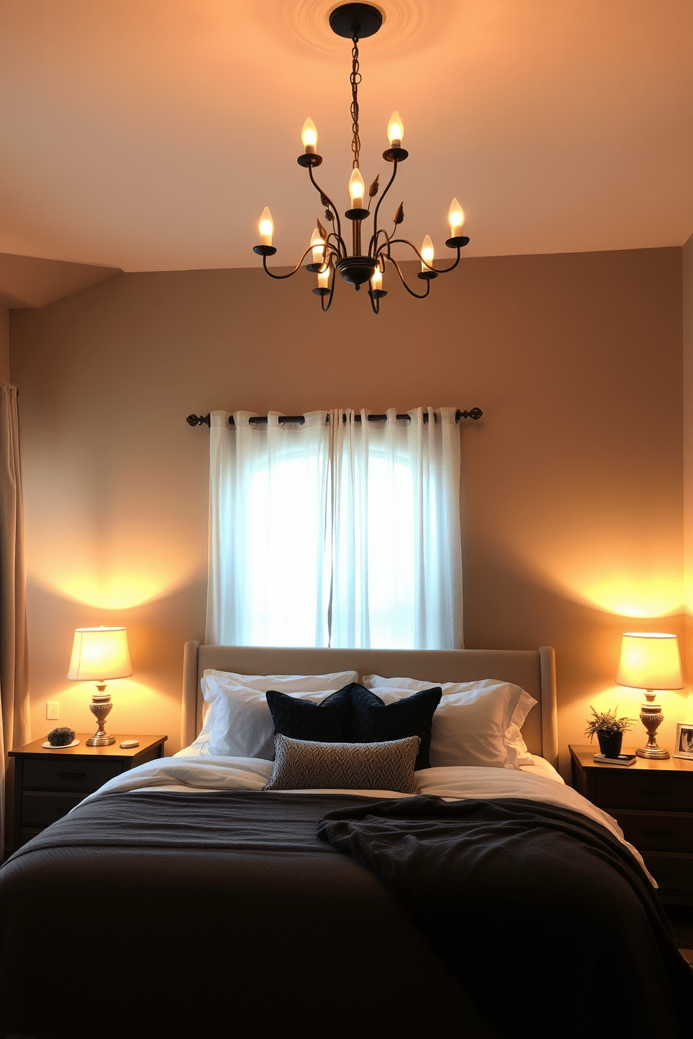 A cozy bedroom setting with layered lighting that creates a warm and inviting atmosphere. Soft bedside lamps with warm-toned bulbs illuminate the nightstands, while a stylish chandelier hangs from the ceiling, providing an elegant focal point. The walls are painted in a soft taupe color, enhancing the room's tranquility. A plush area rug sits under the bed, adding texture and comfort to the space, while sheer curtains gently filter natural light during the day.