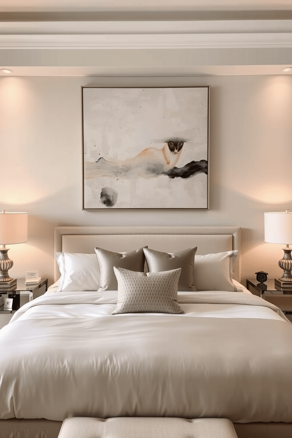 A statement wall art piece serves as a focal point in the elegant bedroom. The wall art features a large abstract painting in soft hues that complements the overall color scheme of the room. The bedroom is designed with a plush king-sized bed adorned with luxurious linens. Flanking the bed are stylish nightstands, each topped with chic lamps that add a warm glow to the space.