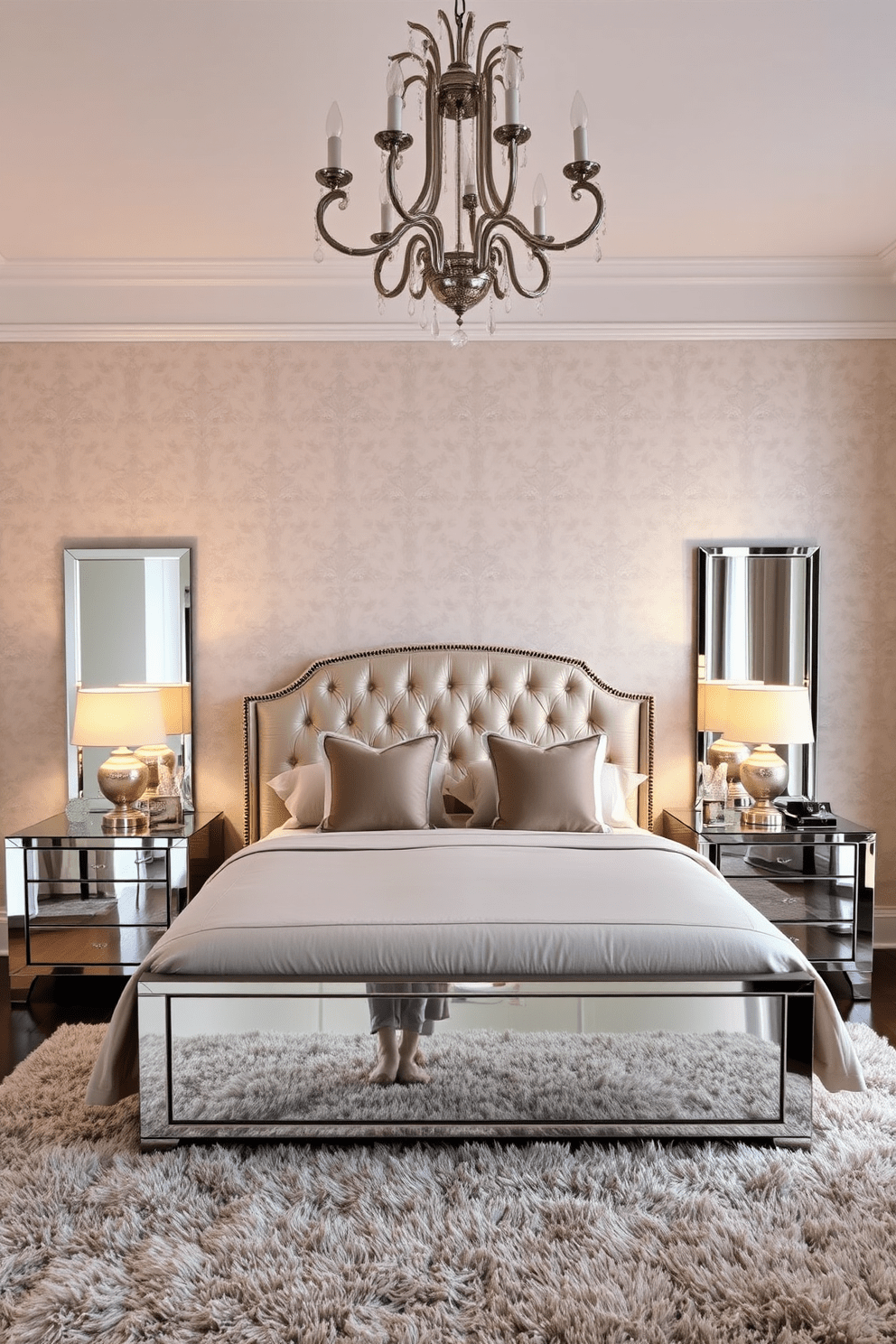 A luxurious bedroom featuring mirrored furniture that enhances the natural light in the space. The bed is dressed in soft, neutral linens with an oversized tufted headboard, while mirrored nightstands flank each side, reflecting the warm glow of bedside lamps. The walls are adorned with delicate wallpaper in a subtle pattern, creating a serene backdrop. A plush area rug anchors the room, and a stylish chandelier hangs from the ceiling, adding a touch of glamour to the elegant design.