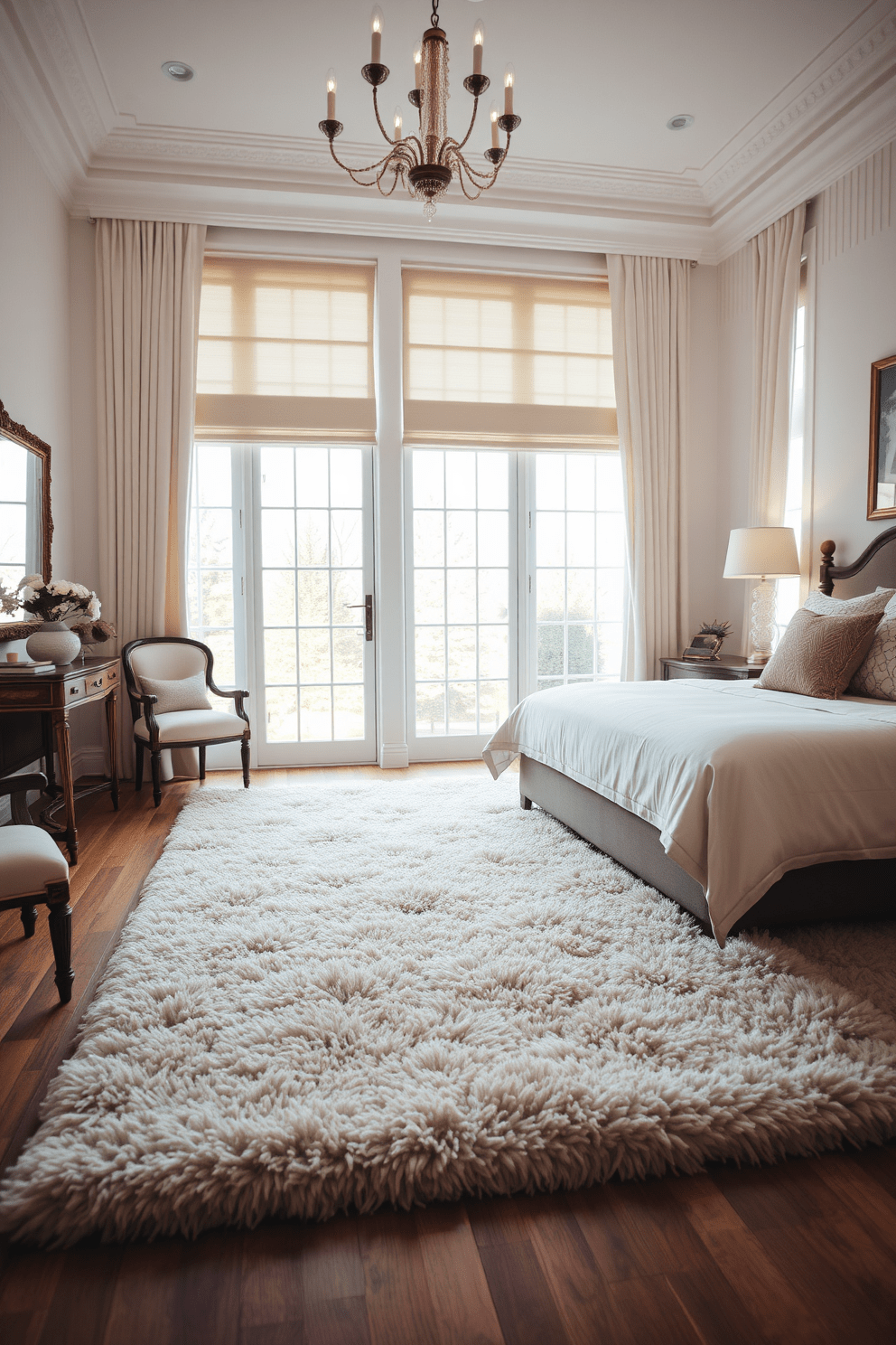 A serene bedroom setting featuring a plush area rug that adds warmth and comfort underfoot. The room is adorned with soft, neutral tones, creating a tranquil atmosphere that invites relaxation. The bed is dressed in luxurious linens, complemented by an assortment of decorative pillows. Large windows allow natural light to filter in, highlighting the elegant furnishings and inviting ambiance.