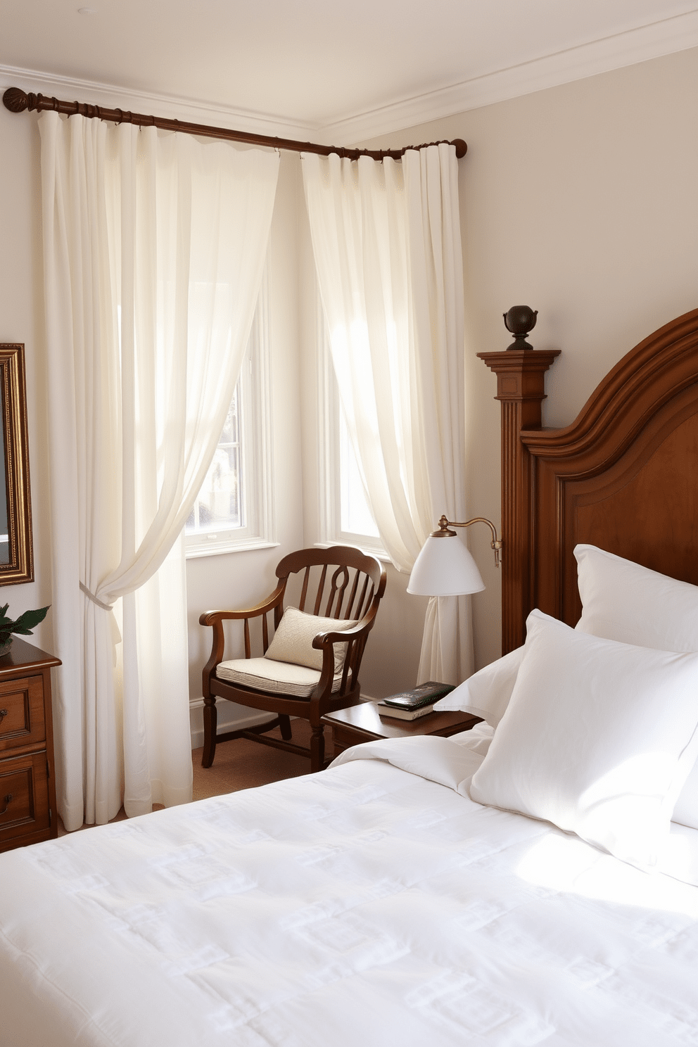 A serene bedroom atmosphere featuring classic wooden accents that add warmth and charm. The bed is adorned with soft linens and plush pillows, complemented by a wooden headboard that exudes timeless elegance. Natural light filters through sheer curtains, illuminating a cozy reading nook with a wooden armchair and a small side table. The walls are painted in a soft, neutral tone, enhancing the inviting ambiance of the space.